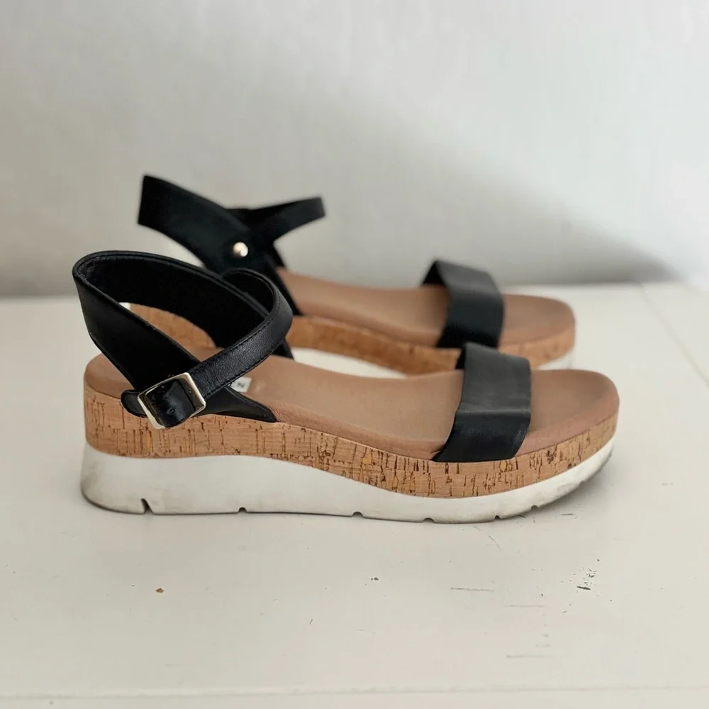 Steve Madden Rosalita Stacked Cork Platform Leather Sandals, Black, 8
